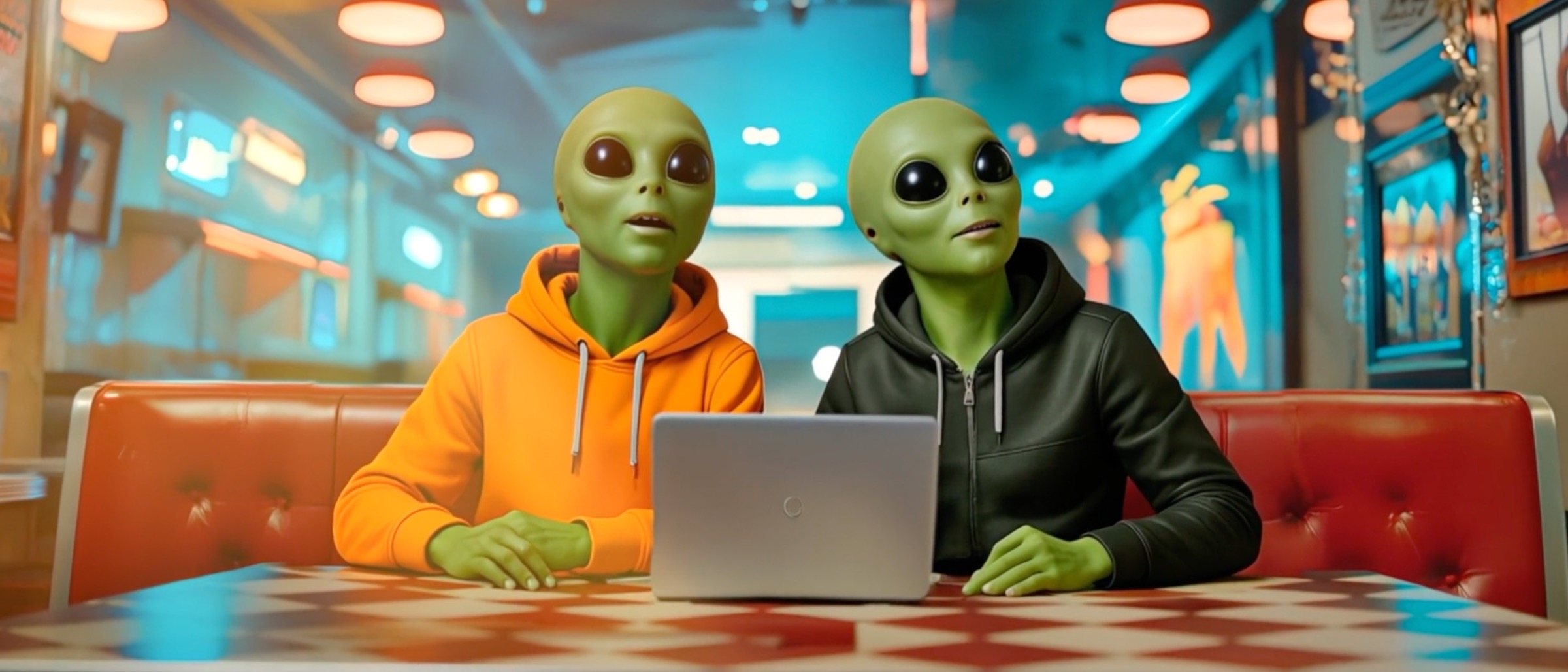 Aliens in a Cafe Demo: two aliens in hoodies at a laptop in a retro diner