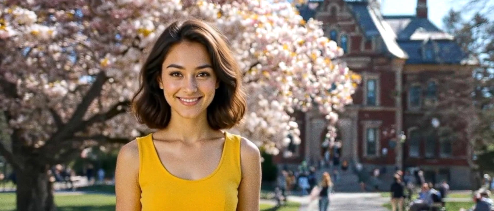 How to Succeed in College: a smiling student in front of a campus building under cherry blossoms