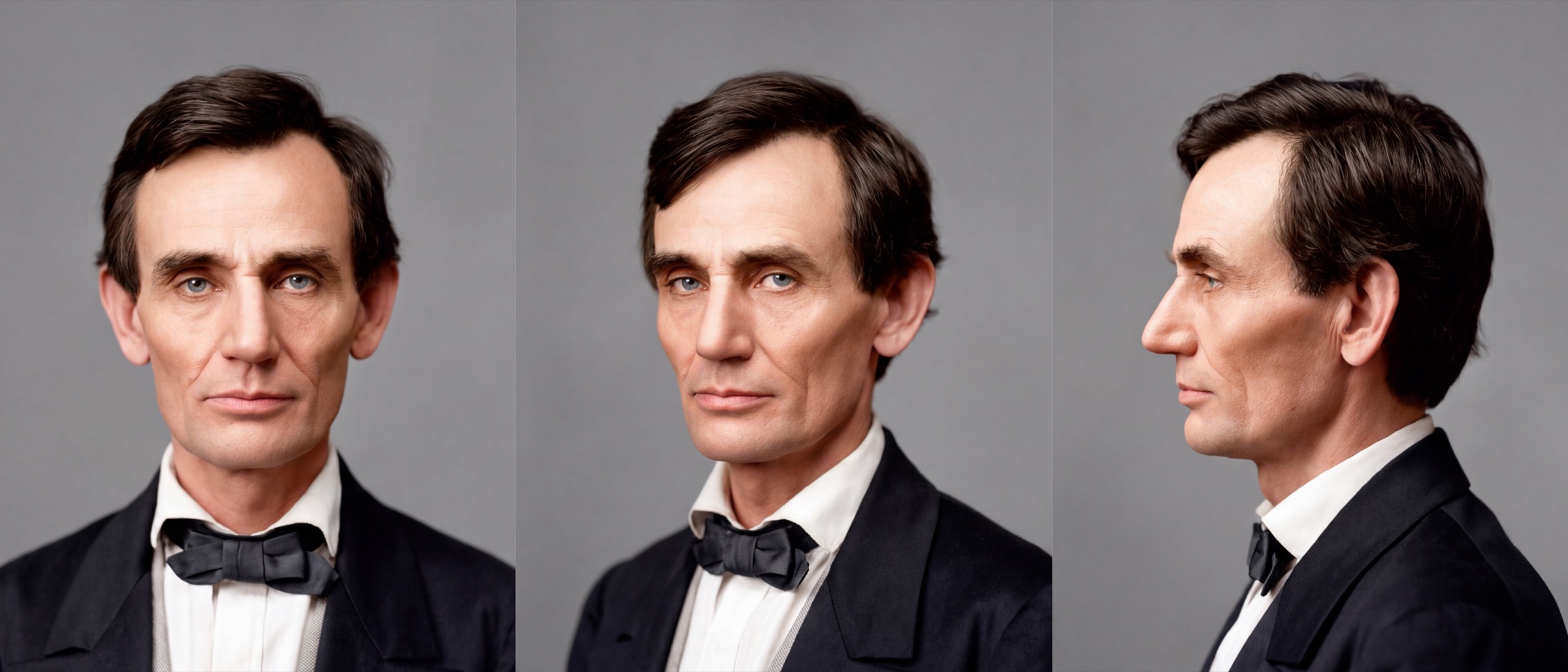 Character sheet of young Abraham Lincoln: front, three-quarter and profile views